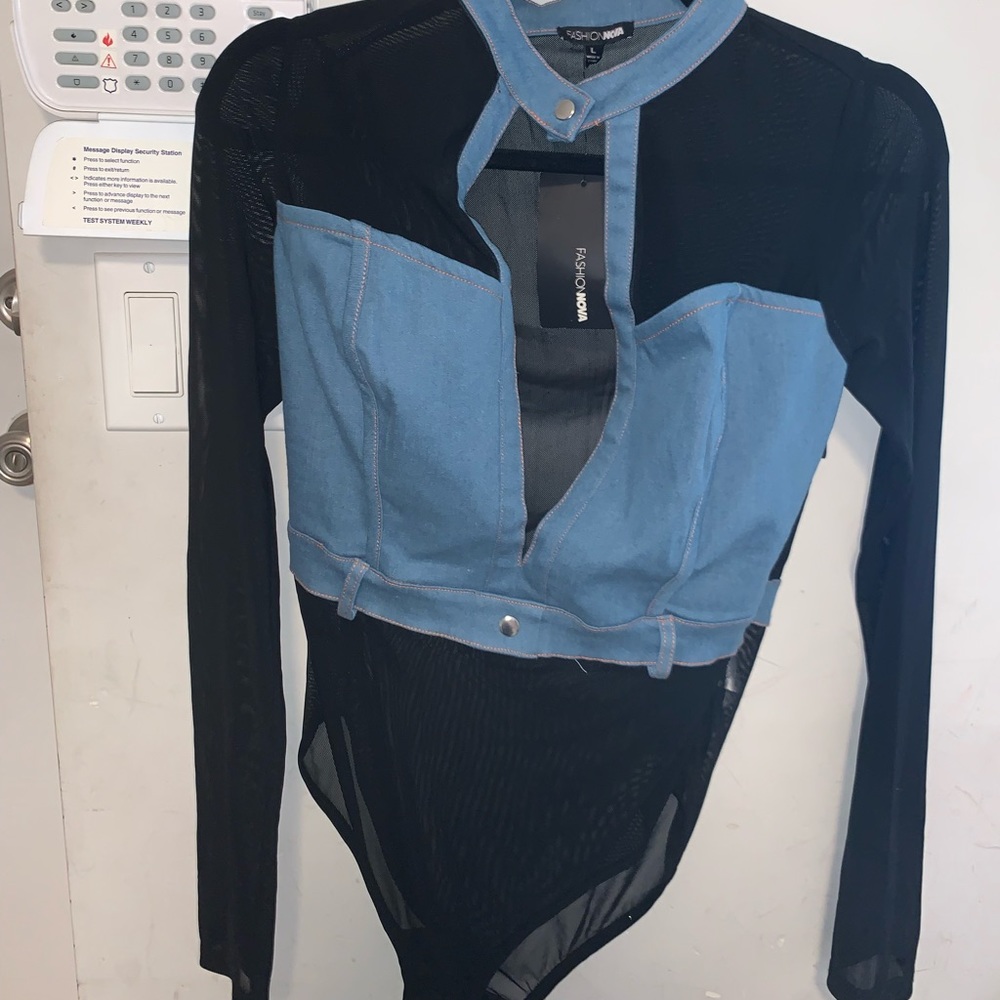 Denim & stretch chiffon bodysuit with open cleavage. New with tags
